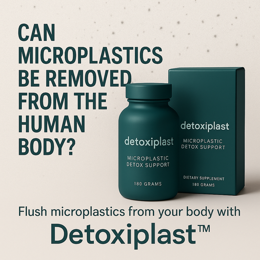 Image of Detoxiplast supplement bottle with question: Can Microplastics be removed from the human body?