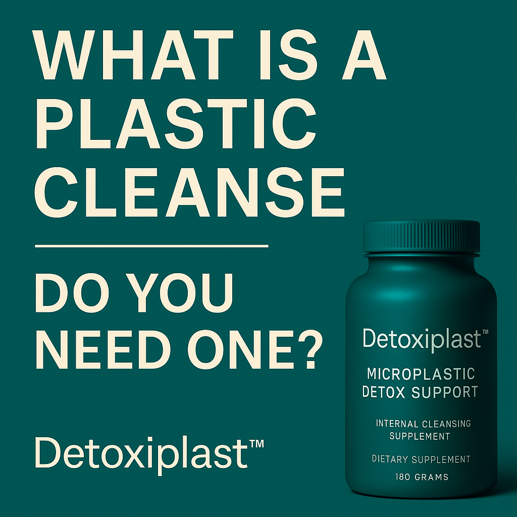 “Clean digital infographic explaining what a plastic cleanse is, featuring Detoxiplast™ bottle and checklist-style visual layout.”