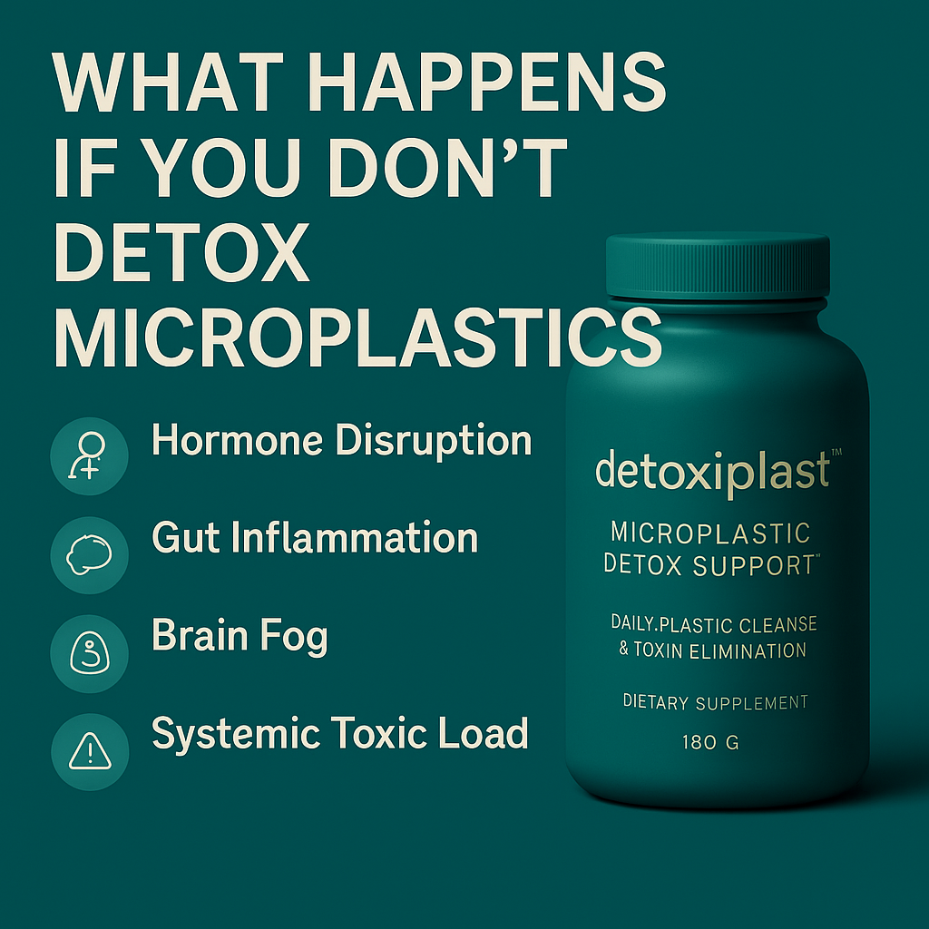 “Educational digital graphic showing consequences of not detoxing microplastics from the body, featuring Detoxiplast™ on a teal background.”