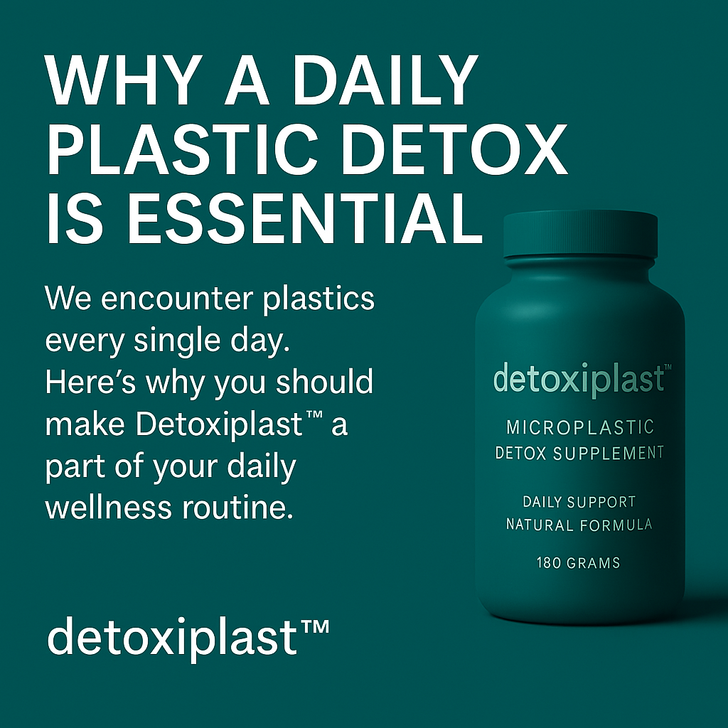 “Clean infographic showing daily wellness habits with Detoxiplast™ bottle, highlighting daily plastic detox as a foundational routine.”